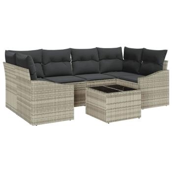 7-teiliges Garten-Sofa-Set mit Kissen Hellgrau Poly Rattan
