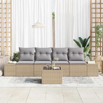 5-teiliges Garten-Sofa-Set mit Kissen Beige Poly Rattan