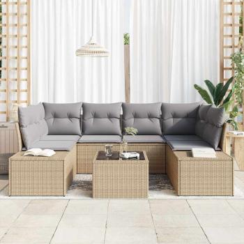 7-teiliges Garten-Sofa-Set mit Kissen Beige Poly Rattan