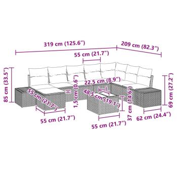 9-teiliges Garten Sofa Set mit Kissen in Braun Poly Rattan