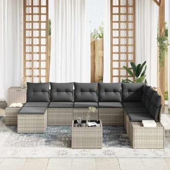 9-teiliges Gartensofa-Set mit Kissen Grau Poly Rattan