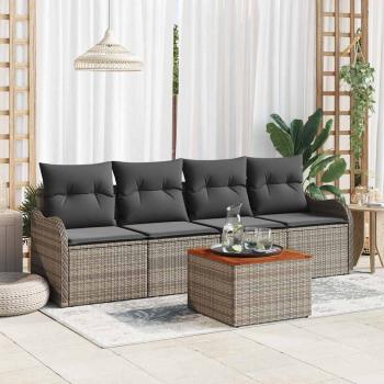ARDEBO.de - 5-teiliges Garten Sofa Set mit Kissen Grau Poly Rattan Akazie, 2-Sitzer Garten Sofa mit Kissen Grau Poly Rattan