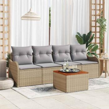 ARDEBO.de - 5-teiliges Garten Sofaset mit Kissen Beiges Poly Rattan Akazie, 2-Sitzer Garten Sofa mit Kissen Beiges Poly Rattan
