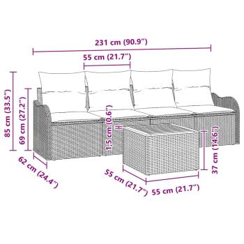 5-teiliges Garten Sofa Set mit Kissen Schwarz Poly Rattan Akazie, 2-Sitzer Garten Sofa mit Kissen Schwarz Poly Rattan