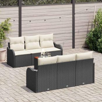 7-teiliges Garten-Sofa-Set mit Kissen Schwarz Poly-Rattan Akazie, 2-Sitzer Garten-Sofa mit Kissen Schwarz Poly-Rattan