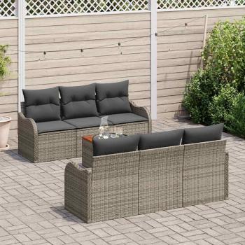 7-teiliges Garten Sofa Set mit Kissen Grau Poly Rattan Akazie, 2-Sitzer Garten Sofa mit Kissen Grau Poly Rattan