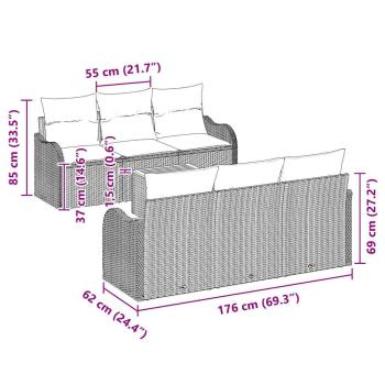 7-teiliges Garten Sofa Set mit Kissen Grau Poly Rattan Akazie, 2-Sitzer Garten Sofa mit Kissen Grau Poly Rattan