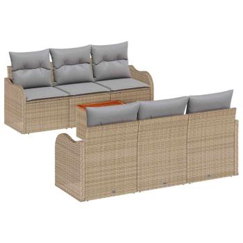 7-teiliges Garten-Sofa-Set mit Kissen Beige Poly Rattan Akazie, 2-Sitzer Garten-Sofa mit Kissen Beige Poly Rattan