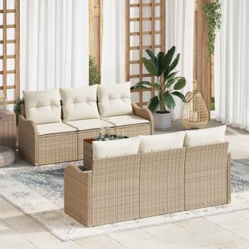ARDEBO.de - 7-teiliges Garten-Sofa-Set mit Kissen Beige Poly Rattan Akazie, 2-Sitzer Garten-Sofa mit Kissen Beige Poly Rattan