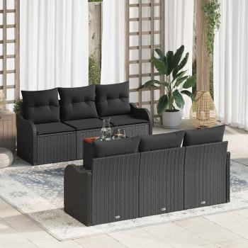 ARDEBO.de - 7-teiliges Garten Sofa Set mit Kissen Schwarzes Poly Rattan Akazie, 2-Sitzer Garten Sofa mit Kissen Schwarzes Poly Rattan