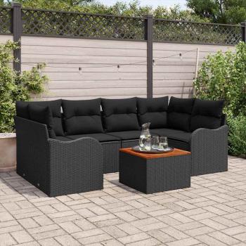 7-teiliges Garten Sofa Set mit Kissen Schwarz Poly Rattan Akazie, 2-Sitzer Garten Sofa mit Kissen Schwarz Poly Rattan