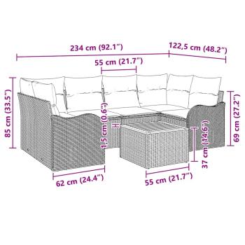 7-teiliges Garten Sofa Set mit Kissen Schwarz Poly Rattan Akazie, 2-Sitzer Garten Sofa mit Kissen Schwarz Poly Rattan