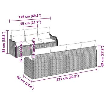 8-teiliges Garten-Sofa-Set mit Kissen Grau Poly Rattan Akazie, 2-Sitzer Garten-Sofa mit Kissen Grau Poly Rattan