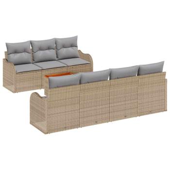 8-teiliges Garten Sofa Set mit Kissen Beige Poly Rattan Akazie, 2-Sitzer Garten Sofa mit Kissen Beige Poly Rattan