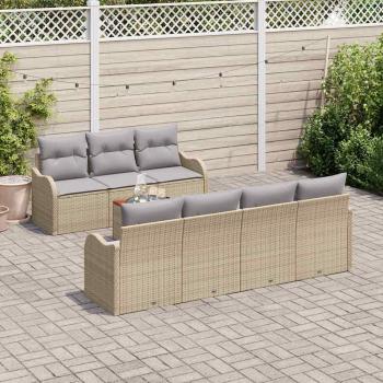 8-teiliges Garten Sofa Set mit Kissen Beige Poly Rattan Akazie, 2-Sitzer Garten Sofa mit Kissen Beige Poly Rattan
