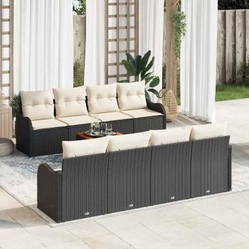 ARDEBO.de - 9-teiliges Garten Sofa Set mit Kissen Schwarz Poly Rattan Akazie, 2-Sitzer Garten Sofa mit Kissen Schwarz Poly Rattan