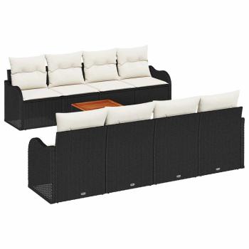 9-teiliges Garten Sofa Set mit Kissen Schwarz Poly Rattan Akazie, 2-Sitzer Garten Sofa mit Kissen Schwarz Poly Rattan