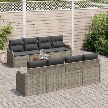 9-teiliges Garten Sofa Set mit Kissen Grau Poly Rattan Akazie, 2-Sitzer Garten Sofa mit Kissen Grau Poly Rattan