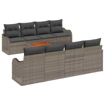 9-teiliges Garten Sofa Set mit Kissen Grau Poly Rattan Akazie, 2-Sitzer Garten Sofa mit Kissen Grau Poly Rattan
