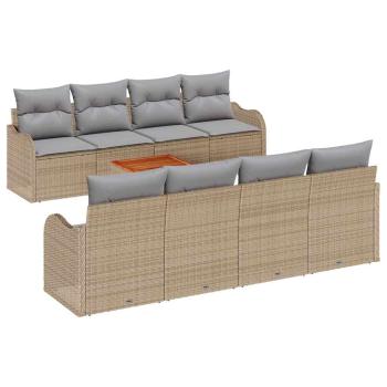 9-teiliges Garten Sofa Set mit Kissen Beige Poly Rattan Akazie, 2-Sitzer Garten Sofa mit Kissen Beige Poly Rattan