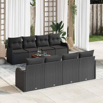 ARDEBO.de - 9-teiliges Gartensofa-Set mit Kissen Schwarz Poly-Rattan Akazie, 2-Sitzer Gartensofa mit Kissen Schwarz Poly-Rattan