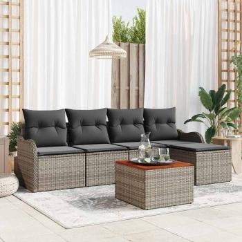 6-teiliges Garten Sofa Set mit Kissen Grau Poly Rattan Akazie, 2-Sitzer Garten Sofa mit Kissen Grau Poly Rattan