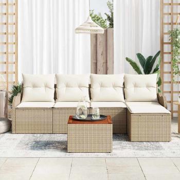 ARDEBO.de - 6-teiliges Garten Sofa Set mit Kissen Beige Poly Rattan Akazie, 2-Sitzer Garten Sofa mit Kissen Beige Poly Rattan