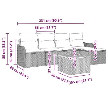 6-teiliges Garten-Sofa-Set mit Kissen Schwarz Poly Rattan Akazie, 2-Sitzer Garten-Sofa mit Kissen Schwarz Poly Rattan
