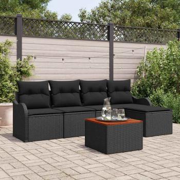 6-teiliges Garten-Sofa-Set mit Kissen Schwarz Poly Rattan Akazie, 2-Sitzer Garten-Sofa mit Kissen Schwarz Poly Rattan