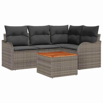 5-teiliges Garten-Sofa-Set mit Kissen Grau Poly-Rattan Akazie, 2-Sitzer Garten-Sofa mit Kissen Grau Poly-Rattan