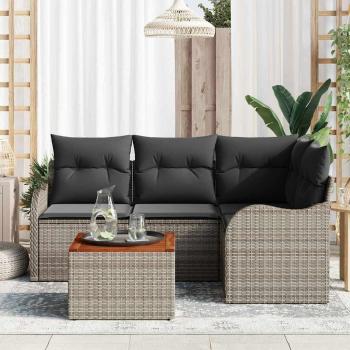 5-teiliges Garten-Sofa-Set mit Kissen Grau Poly-Rattan Akazie, 2-Sitzer Garten-Sofa mit Kissen Grau Poly-Rattan