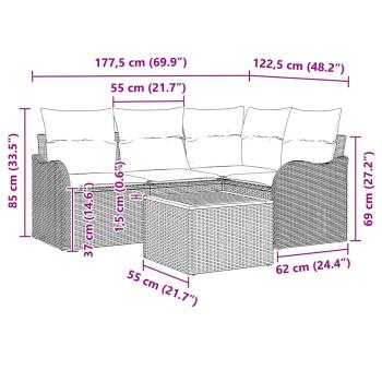 5-teiliges Garten-Sofa-Set mit Kissen Grau Poly-Rattan Akazie, 2-Sitzer Garten-Sofa mit Kissen Grau Poly-Rattan