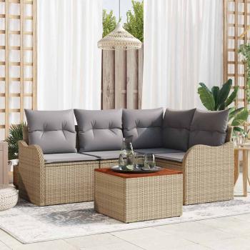ARDEBO.de - 5-teiliges Garten Sofa Set mit Kissen Beige Poly Rattan Akazie, 2-Sitzer Garten Sofa mit Kissen Beige Poly Rattan