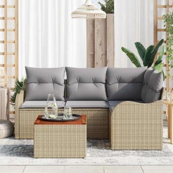 5-teiliges Garten Sofa Set mit Kissen Beige Poly Rattan Akazie, 2-Sitzer Garten Sofa mit Kissen Beige Poly Rattan