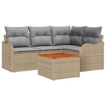 5-teiliges Garten Sofa Set mit Kissen Beige Poly Rattan Akazie, 2-Sitzer Garten Sofa mit Kissen Beige Poly Rattan