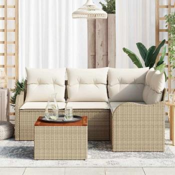 5-teiliges Garten-Sofa-Set mit Kissen Beige Poly Rattan Akazie, 2-Sitzer Garten-Sofa mit Kissen Beige Poly Rattan