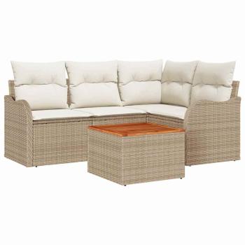 5-teiliges Garten-Sofa-Set mit Kissen Beige Poly Rattan Akazie, 2-Sitzer Garten-Sofa mit Kissen Beige Poly Rattan