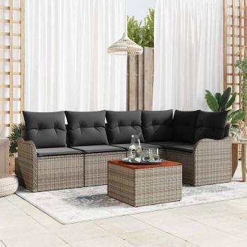 ARDEBO.de - 6-teiliges Garten Sofa Set mit Kissen Grau Poly Rattan Akazie, 2-Sitzer Garten Sofa mit Kissen Grau Poly Rattan
