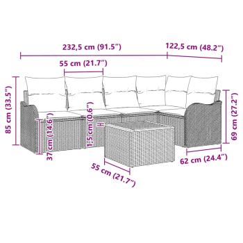6-teiliges Garten Sofa Set mit Kissen Grau Poly Rattan Akazie, 2-Sitzer Garten Sofa mit Kissen Grau Poly Rattan
