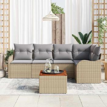 6-teiliges Garten Sofaset mit Kissen Beige Poly Rattan Akazie, 2-Sitzer Garten Sofa mit Kissen Beige Poly Rattan