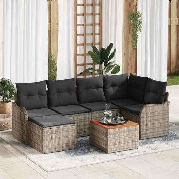 ARDEBO.de - 7-teiliges Garten Sofa Set mit Kissen Grau Poly Rattan Akazie, 2-Sitzer Garten Sofa mit Kissen Grau Poly Rattan