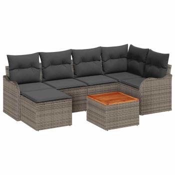 7-teiliges Garten Sofa Set mit Kissen Grau Poly Rattan Akazie, 2-Sitzer Garten Sofa mit Kissen Grau Poly Rattan