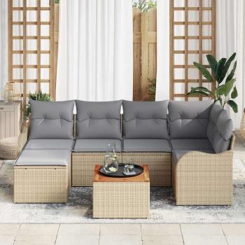 7-teilige Garten Sofa Set mit Kissen Beige Poly Rattan Akazie, 2-Sitzer Garten Sofa mit Kissen Beige Poly Rattan