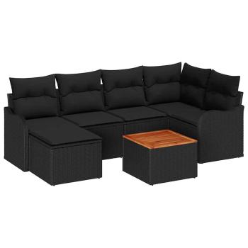 7-teilige Garten Sofa Set mit Kissen Schwarz Poly Rattan Akazie, 2-Sitzer Garten Sofa mit Kissen Schwarz Poly Rattan