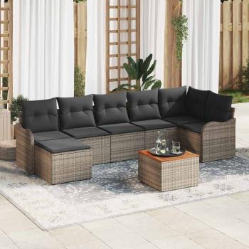 ARDEBO.de - 8-teiliges Garten-Sofa-Set mit Kissen Grau Poly Rattan Akazie, 2-Sitzer Garten-Sofa mit Kissen Grau Poly Rattan