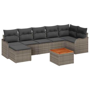 8-teiliges Garten-Sofa-Set mit Kissen Grau Poly Rattan Akazie, 2-Sitzer Garten-Sofa mit Kissen Grau Poly Rattan