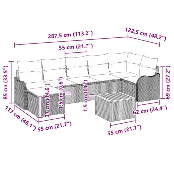 8-teiliges Garten-Sofa-Set mit Kissen Grau Poly Rattan Akazie, 2-Sitzer Garten-Sofa mit Kissen Grau Poly Rattan
