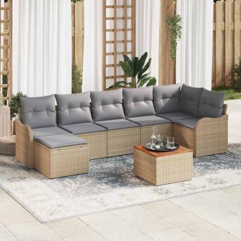 ARDEBO.de - 8-teiliges Garten-Sofa-Set mit Kissen Beige Poly Rattan Akazie, 2-Sitzer Garten-Sofa mit Kissen Beige Poly Rattan
