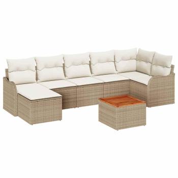 8-teiliges Garten Sofa Set mit Kissen Beige Poly Rattan Akazie, 2-Sitzer Garten Sofa mit Kissen Beige Poly Rattan