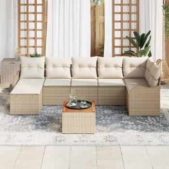 8-teiliges Garten Sofa Set mit Kissen Beige Poly Rattan Akazie, 2-Sitzer Garten Sofa mit Kissen Beige Poly Rattan